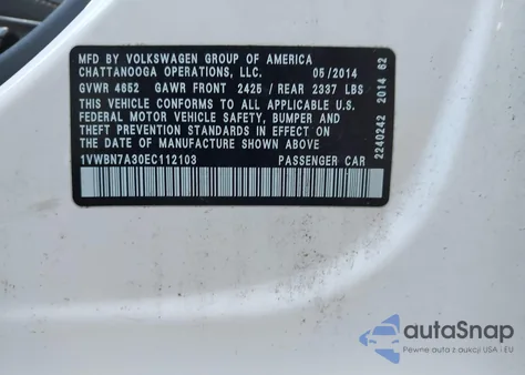 2014 Volkswagen Passat 2.0L Tdi Se из США, поврежденный, VIN 1VWBN7A30EC112103